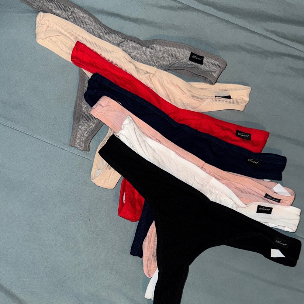 SHEIN Ribbed Thong Panties Pack - Black, Red, Navy, Gray, Pink, Cream